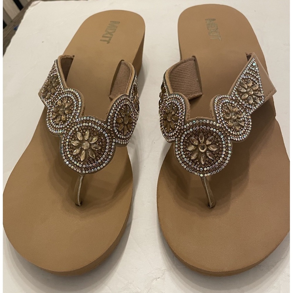 Mixit Jeweled Wedge Flip Flops Tan Rhinestone Floral Y2K Boho Sandals